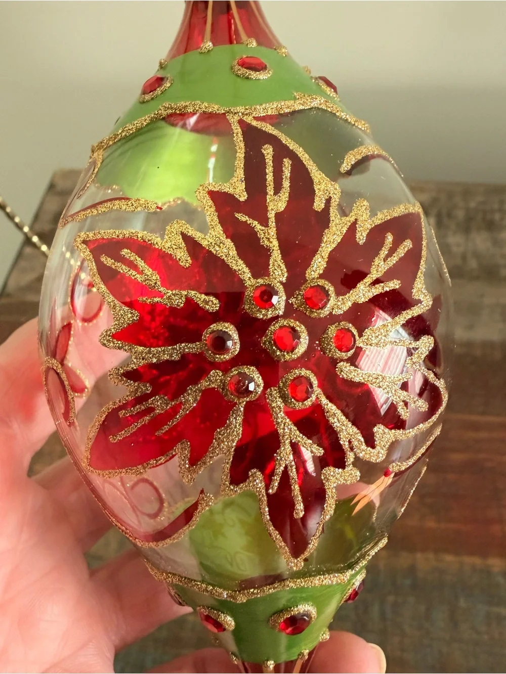 Vintage Style Glass Teardrop Poinsettia Christmas Ornament JS Mark- Excel. Cond.